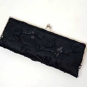 Apt 9 Y2K Satin Black Sequined & Embroidered Clutch Purse wMirror & Strap